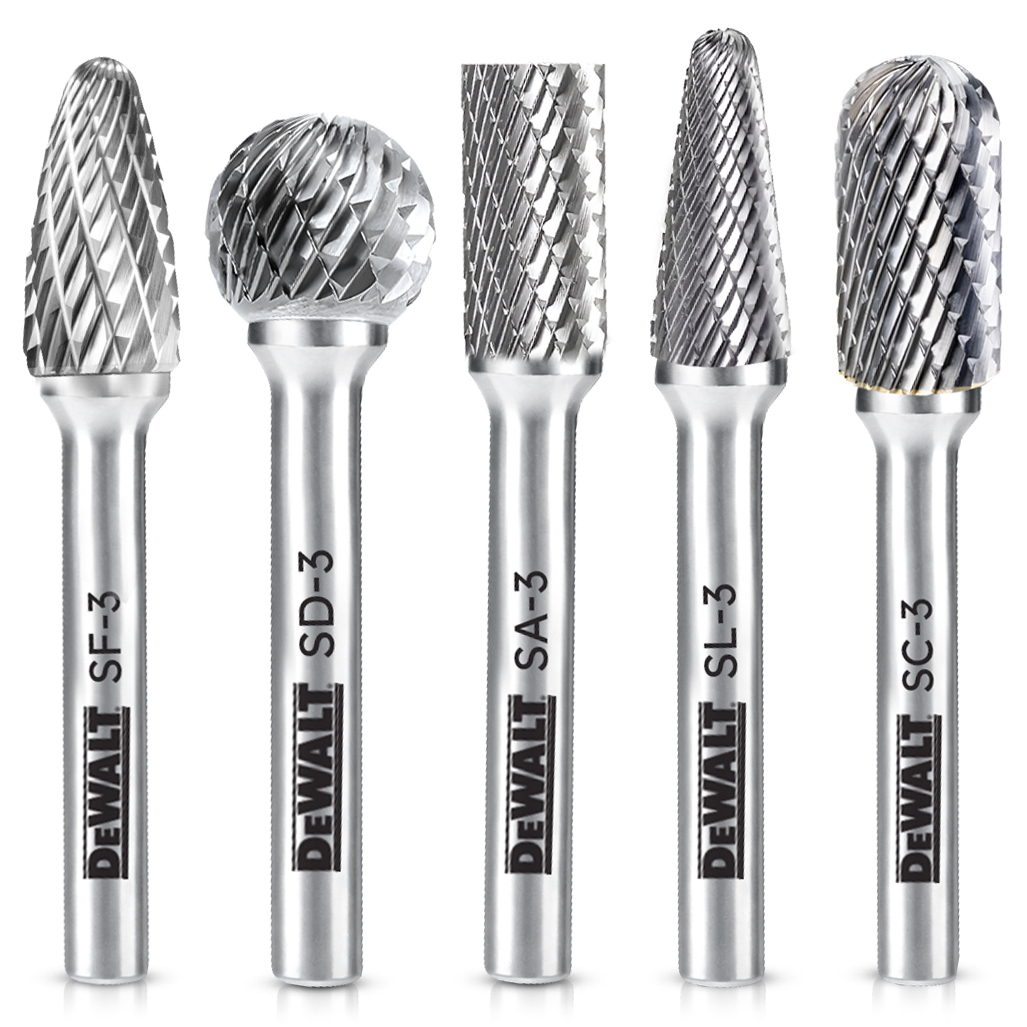 DeWalt Carbide Burrs — 5-Pack, Size 3, C10 Tungsten Carbide Steel, Double-Cut Teeth, Model# DXCBTJ3-5